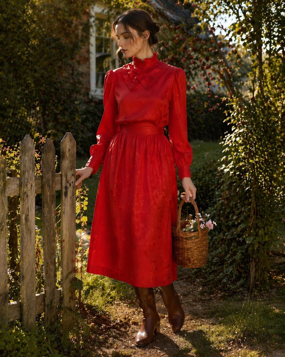 Vintage 70 Koret Red Set Prairie Cottagecore Ruffle Collar Midi Skirt Union Made
